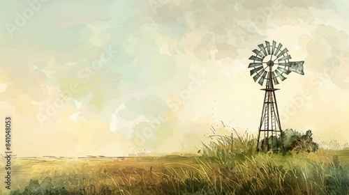 rustic old windmill on a grassy hill watercolor illustration