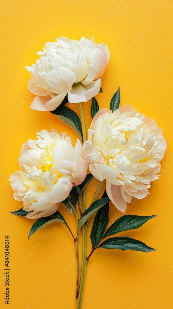 Three white peony flowers with green leaves arranged on a yellow background Three white peony flowers with green leaves arranged on a yellow background