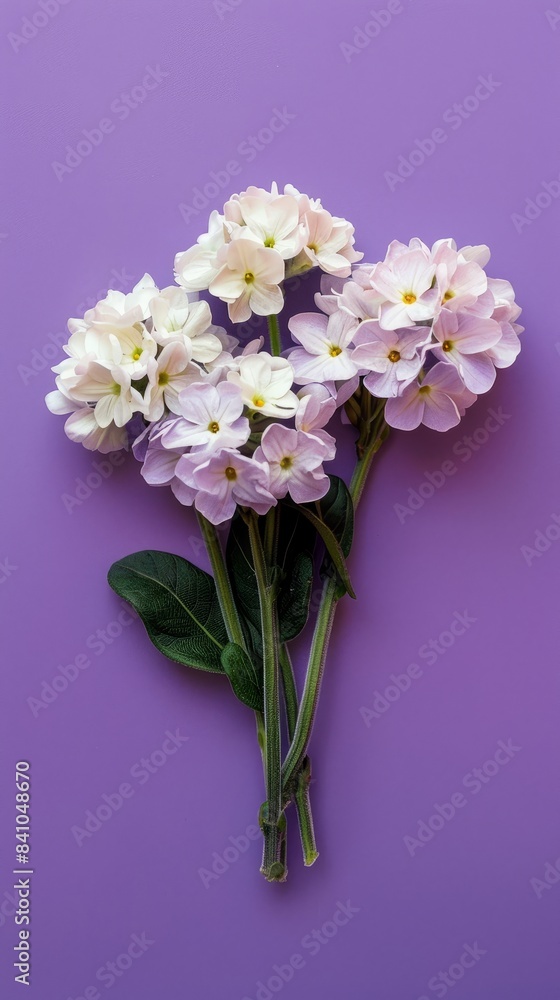 A close-up of a bouquet of white and lilac flowers on a purple background A close-up of a bouquet of white and lilac flowers on a purple background