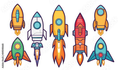 Colorful rockets vector illustration isolated white background. Cartoon style spacecraft designs space exploration themes. Six various rockets flames showing propulsion speed
