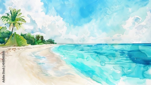 beach with turquoise waters and white sand watercolor painting © fledermausstudio