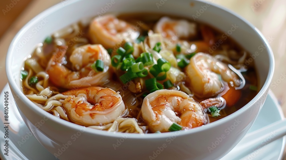 Asian style shrimp dumpling soup served in a white bowl Asian style shrimp dumpling soup served in a white bowl