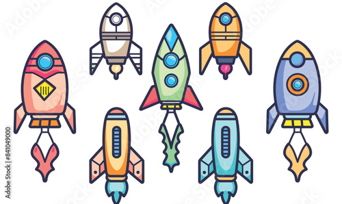 Colorful cartoon rockets vector illustration isolated white background. Assorted spaceships line art icon set kids science fiction themes. Collection various designs spacecraft drawings adventure