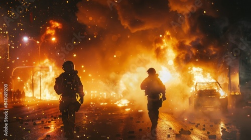 Two men in firefighting gear are walking through a burning street photo