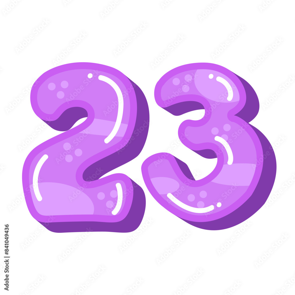 Number 23 twenty three vector illustration isolated on white background, comic bubble style, colorful candy jelly letter
Number 23 twenty three vector illustration isolated on white background, comic bubble style, colorful candy jelly letter
