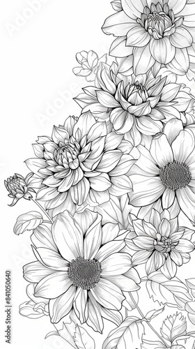 A black and white illustration of a bohemian flower featuring dahlias and other blooms, wallpaper, card