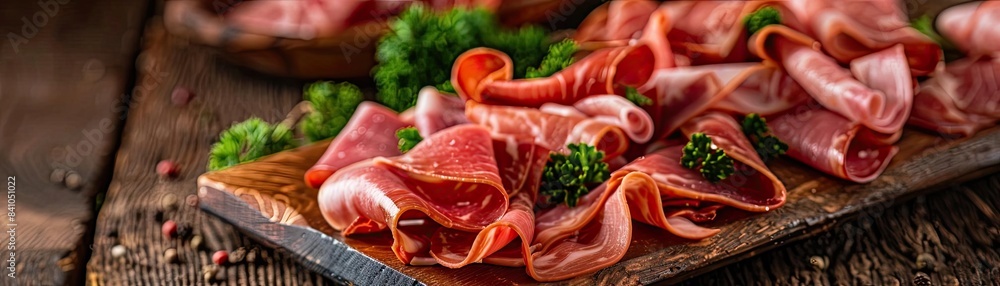Delicious slices of cured meat garnished with fresh herbs, presented on a rustic wooden board, perfect for culinary presentations or menus. Delicious slices of cured meat garnished with fresh herbs, presented on a rustic wooden board, perfect for culinary presentations or menus.