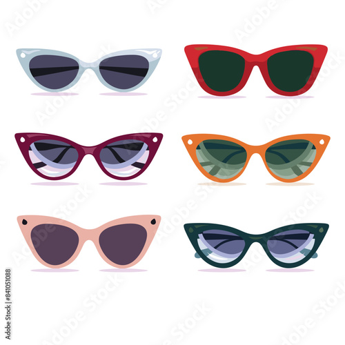 Collection stylish sunglasses designs, colorful fashionable set. Six different sunglasses frames, retro, modern, cateye styles. Fashion accessories, summer, trendy, variety, isolated