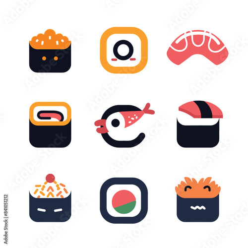 Sushi set vector icons isolated white background. Flat design sushi rolls, nigiri, sashimi collection. Japanese cuisine, diverse types colorful illustration