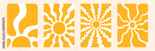 Boho groovy sun. Surf club vacation and sunny summer day aesthetic. Vector illustration background in trendy retro naive simple style. orange color