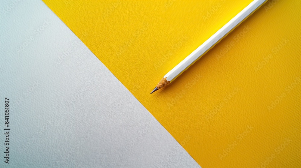 High angle view of yellow pencil isolated on white and yellow paper. Copy space available. High angle view of yellow pencil isolated on white and yellow paper. Copy space available.