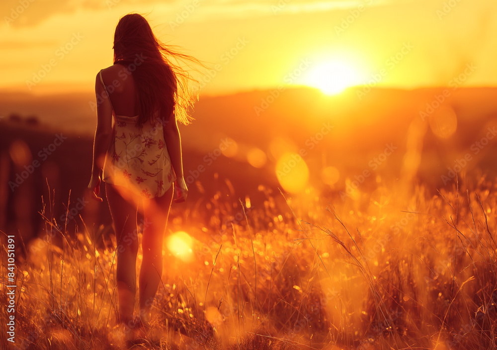 Woman standing in a sunlit field at sunset, with her hair flowing in the breeze.
Woman standing in a sunlit field at sunset, with her hair flowing in the breeze.
