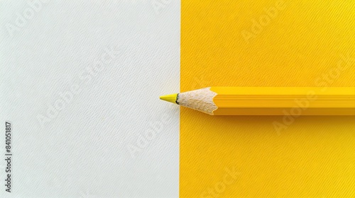 High angle view of yellow pencil isolated on white and yellow paper. Copy space available. photo