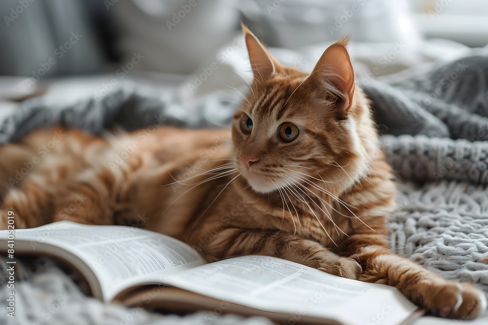 Obraz premium Cozy Ginger Tabby Cat Resting on Bed While Examining Book with Thoughtful Expression