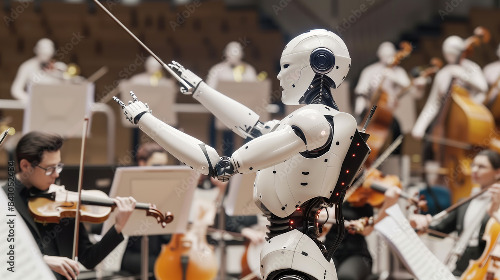 Naklejka premium 3D Rendering of Robot AI Conducting Orchestra on White Background