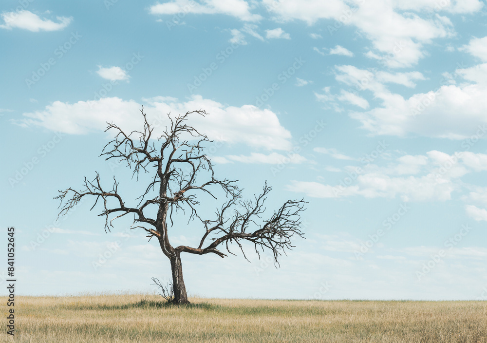 A solitary, leafless tree stands in a vast field under a clear, blue sky with scattered clouds.
A solitary, leafless tree stands in a vast field under a clear, blue sky with scattered clouds.