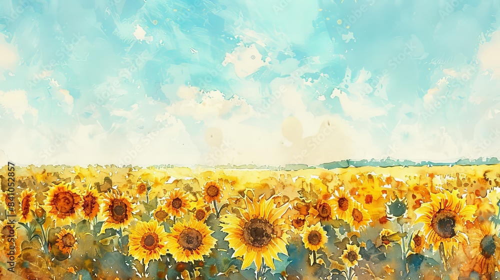 Obraz premium sunflower field under a clear blue sky watercolor illustration