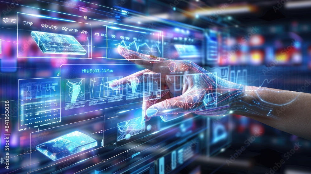 Digital Transformation: Integration between technology and business, with elements such as augmented reality overlays on physical products Digital Transformation: Integration between technology and business, with elements such as augmented reality overlays on physical products