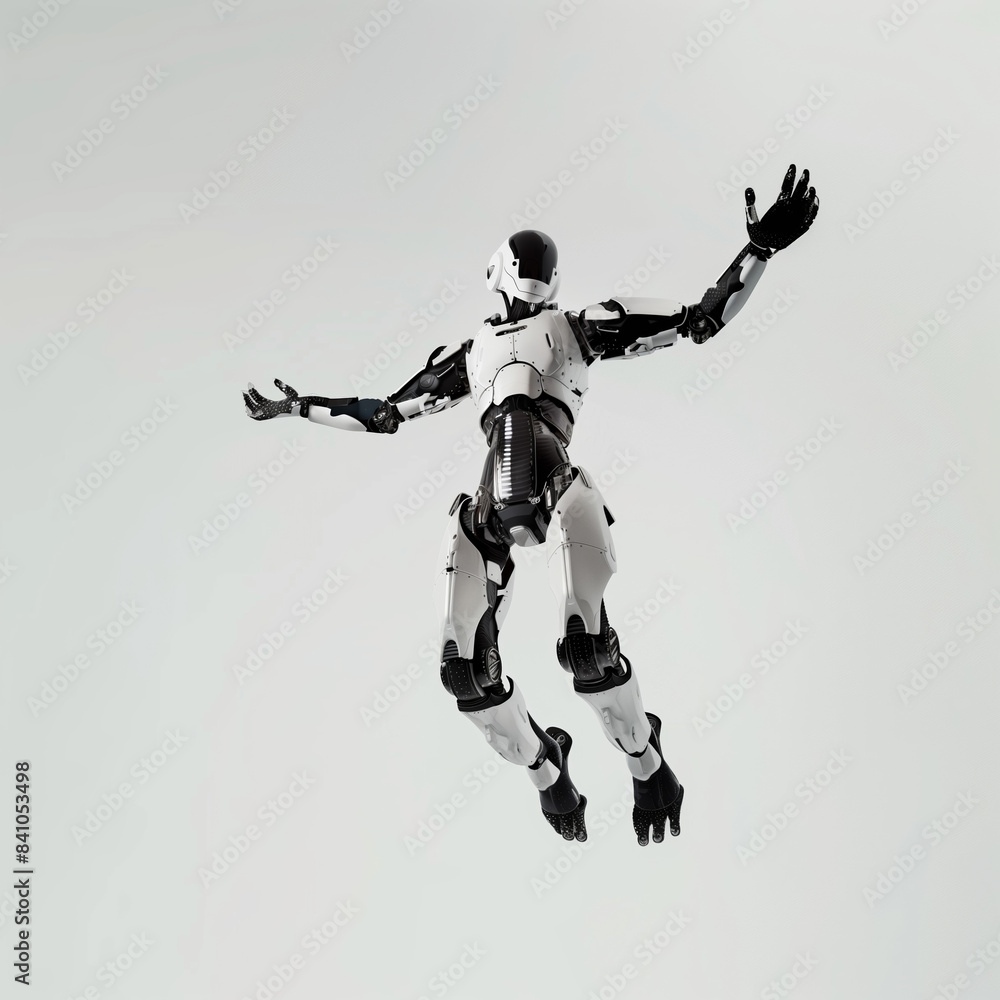 Digital Illustration of Robot AI Trekking in the Sky on White Background Digital Illustration of Robot AI Trekking in the Sky on White Background