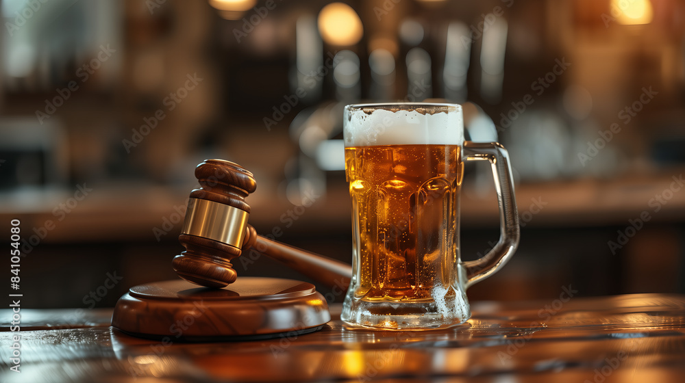 Judge's gavel and beer mug in a bar environment, drinking and driving, punishment Judge's gavel and beer mug in a bar environment, drinking and driving, punishment