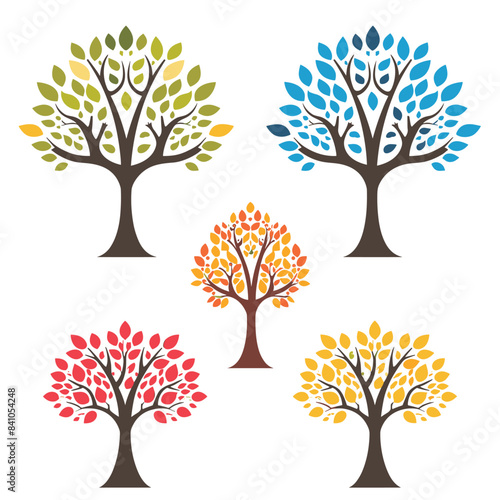 Six stylized trees changing colors representing seasons, nature cycle concept. Gradient leaf hues ranging green red, simplified seasonal icons. Trees symbolizing growth, environment, ecology graphic