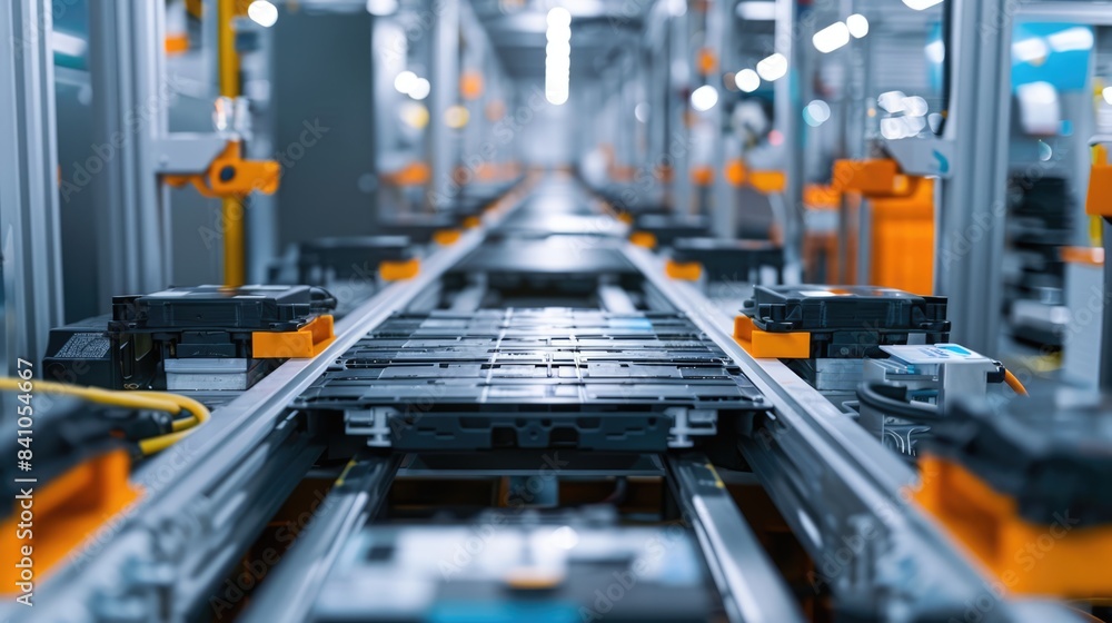 Assembly line conveyor of electric vehicle battery cells. Mass production at a manufacturing factory Assembly line conveyor of electric vehicle battery cells. Mass production at a manufacturing factory