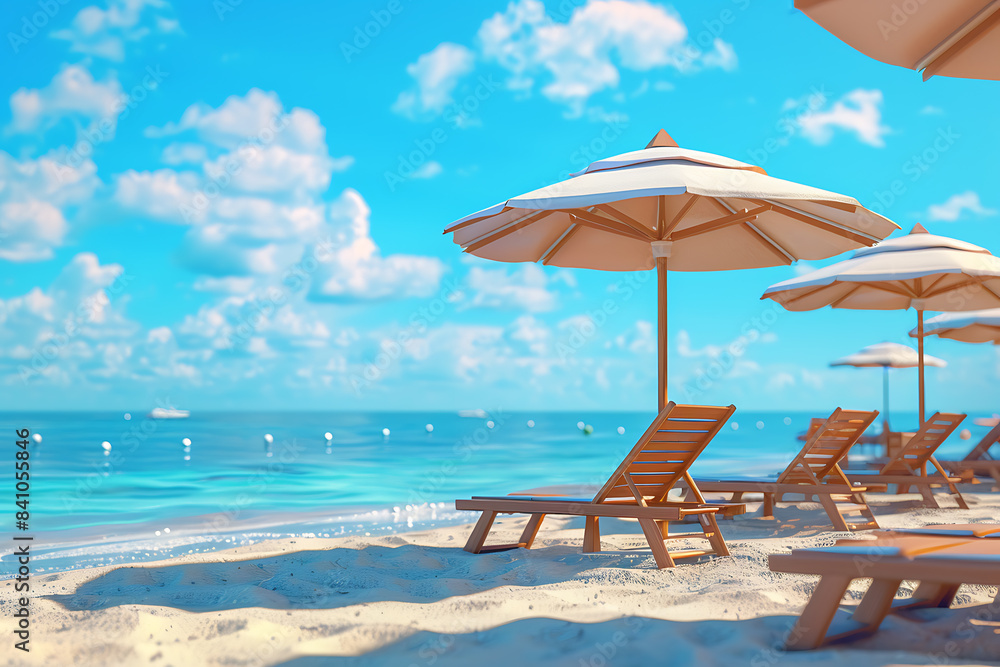 Fototapeta premium People relaxing and tanning at the beach, enjoying the sun, playing volleyball, and swimming