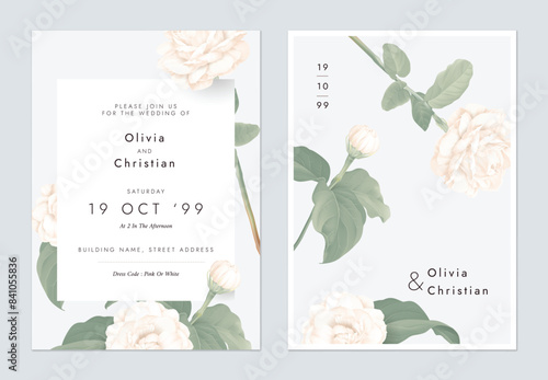 Wedding invitation template, white Jasminum sambac flowers on grey background