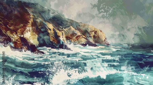 Majestic cliffs overlooking a turbulent ocean watercolor painting