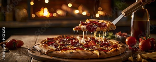 Delicious pepperoni pizza being served in a cozy setting with a warm fireplace in the background, perfect for a comforting meal.