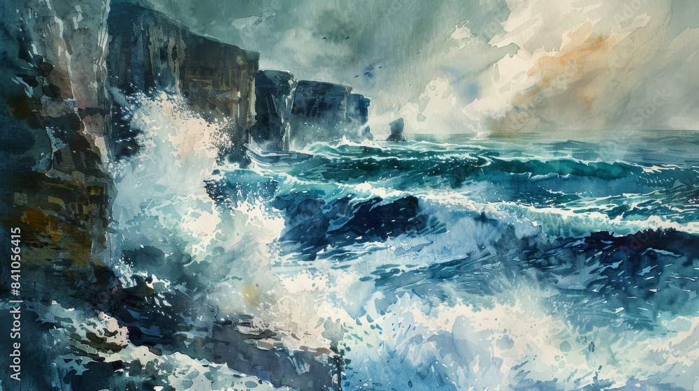 Obraz premium Majestic cliffs overlooking a turbulent ocean watercolor painting