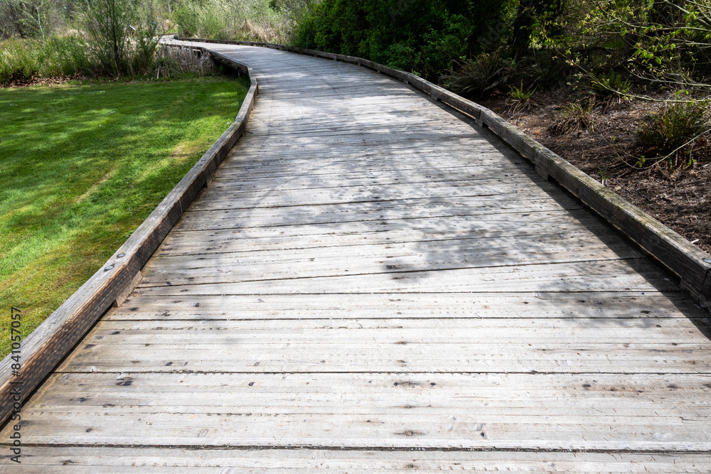 Wide wood boardwalk through a wetland in a public park, wheelchair accessible, sunny spring day outside
Wide wood boardwalk through a wetland in a public park, wheelchair accessible, sunny spring day outside