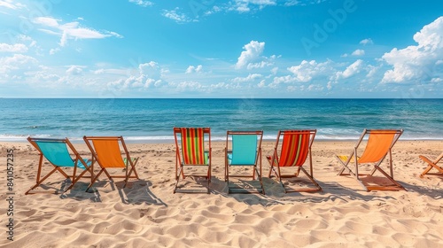 A sunny beach scene with rows of beach chairs lined up  each with a unique design  golden sand  and a serene sea in the background