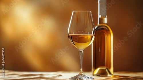 A white wine glass with a full bottle beside it  focus on the wine s golden hue  isolated background  studio lighting