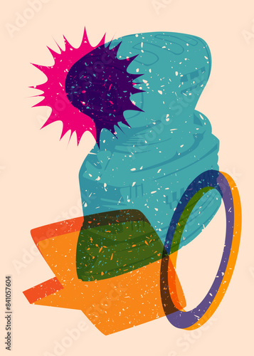 Risograph Electric Sander with speech bubble with geometric shapes. Objects in trendy riso graph print texture style design with geometry elements.