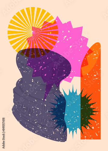 Risograph Electric Sander with speech bubble with geometric shapes. Objects in trendy riso graph print texture style design with geometry elements.