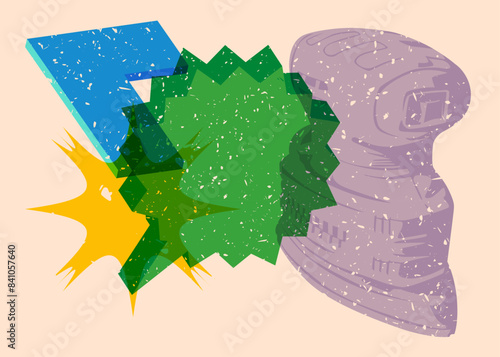 Risograph Electric Sander with speech bubble with geometric shapes. Objects in trendy riso graph print texture style design with geometry elements.