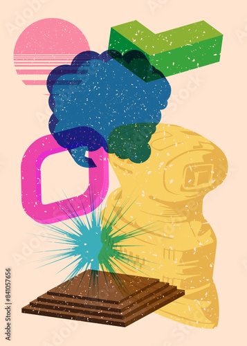 Risograph Electric Sander with speech bubble with geometric shapes. Objects in trendy riso graph print texture style design with geometry elements.