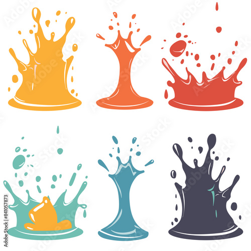 Set colorful paint splashes isolated white, splatter collection. Dynamic droplet splashes, creative artistic liquid splashes. Graphic design elements, bright splash shapes, art concept splatter