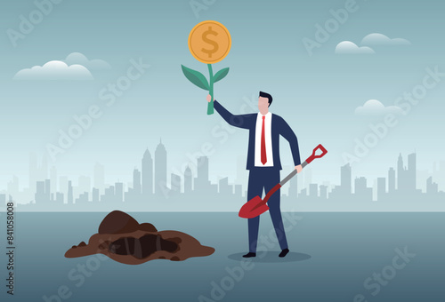Financial or investment opportunity, increase earning profit, success in wealth management concept, businessman digging up a money plant with coin flower.