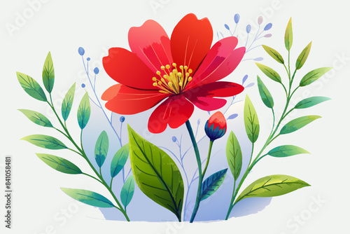 Ilustración vectorial de una flor roja con hojas verdes y fondo azul
