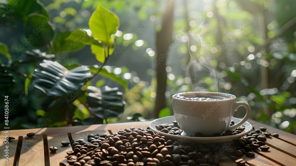 a cup of coffee on a wooden table in the morning with a plantation in the background a cup of coffee on a wooden table in the morning with a plantation in the background