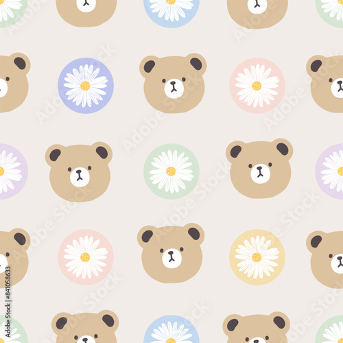 Teddy bear cute face with colorful dots and camomile flowers on a beige pastel background, seamless pattern