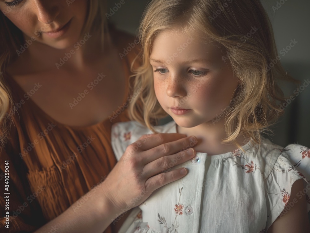 A mother gently places her hand on her daughter's chest. The daughter, with blonde hair and a floral dress, looks thoughtful.