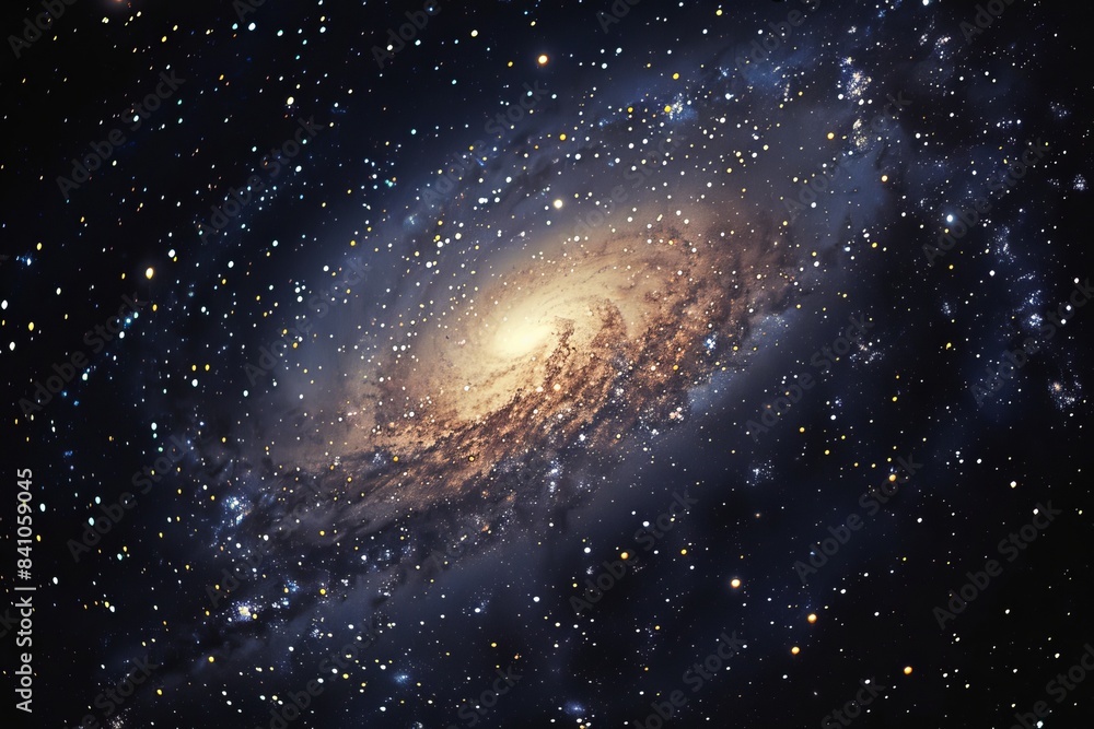 Obraz premium cosmic scene of distant galaxy, showcasing dense star field with clusters of stars and nebulae in deep space. Highly detailed galaxy with illuminated gas clouds and star formations