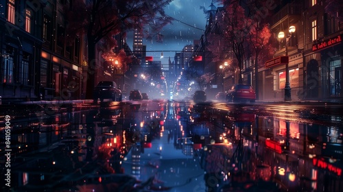 A rain-soaked city street at night  with the glow of streetlights and the dark sky mirrored in the puddles  creating a dreamlike scene.