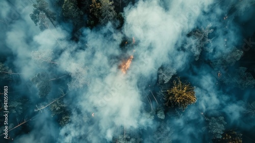 A forest fire is burning and the smoke is billowing into the sky photo