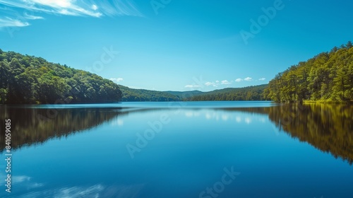 A serene lake mirroring the clear blue sky, creating the illusion that the water extends endlessly into the heavens.