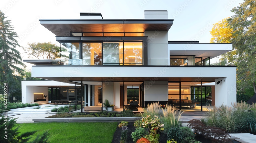 Minimalist home facade with a flat roof, large glass windows, and simple landscaping, contemporary and elegant Minimalist home facade with a flat roof, large glass windows, and simple landscaping, contemporary and elegant