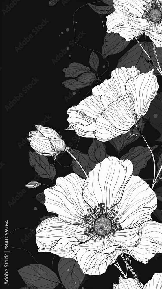 Fototapeta premium A detailed black and white line art illustration of a floral with delicate flowers, wallpaper, card